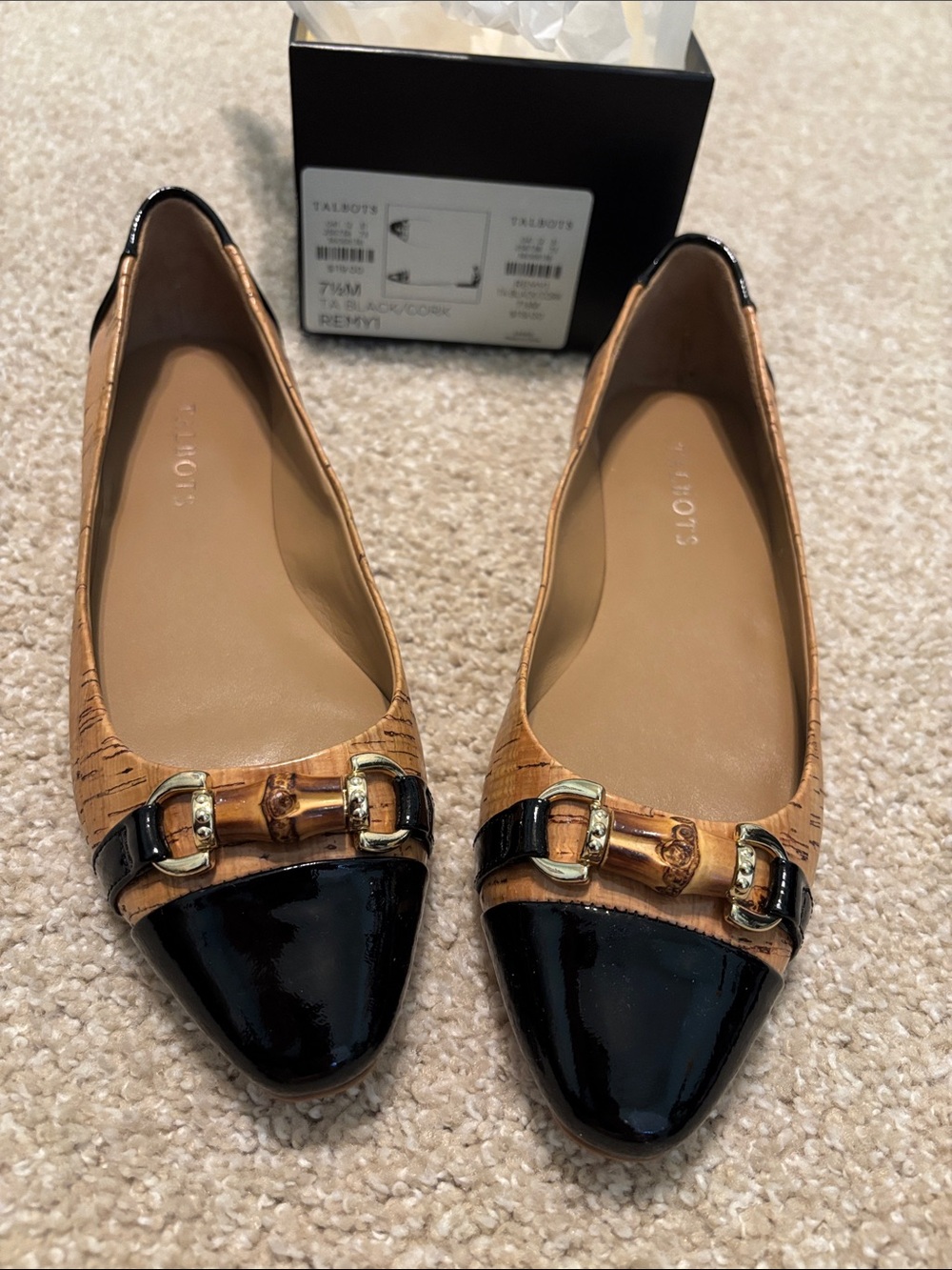 Talbots Black Patent and Tan Cork-Effect Pointed Toe Flats with Gold Buckle